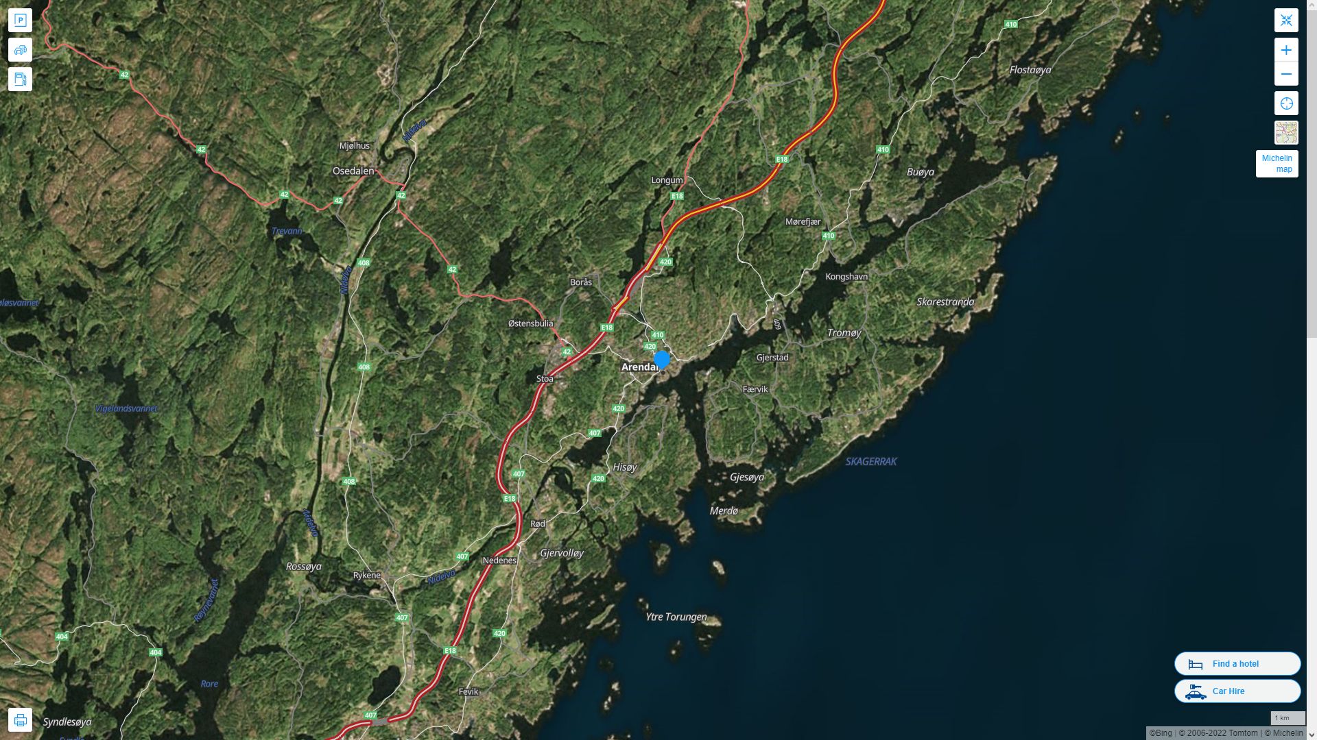 Arendal Norvege Autoroute et carte routiere avec vue satellite